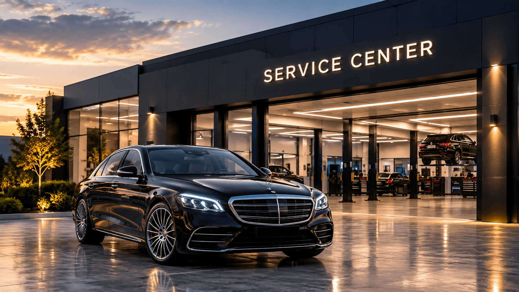 Black luxury sedan outside a car service centre at dusk